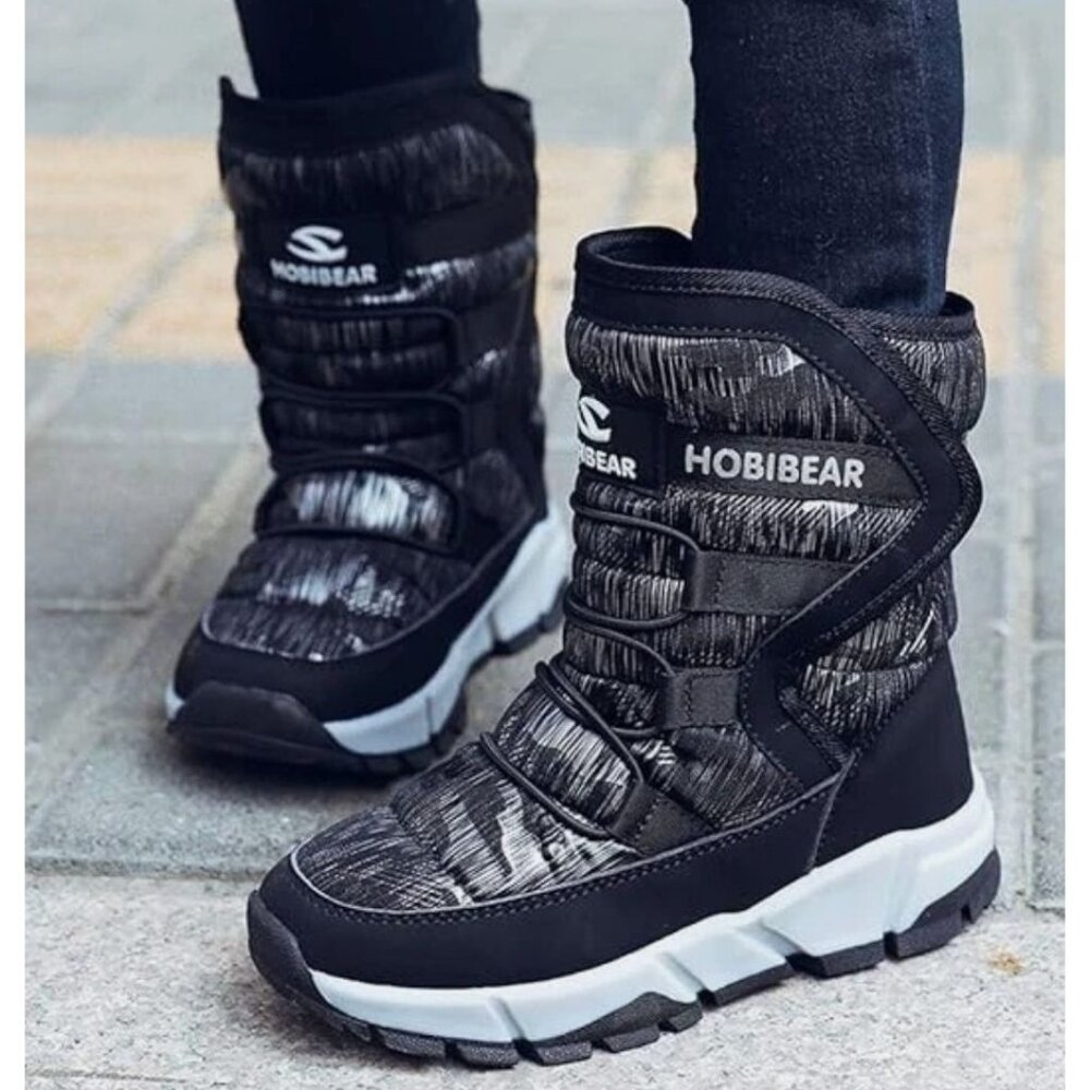 Hobibear Kids Black Winter Snow Boots With Faux Fur Lining Waterproof Outer And